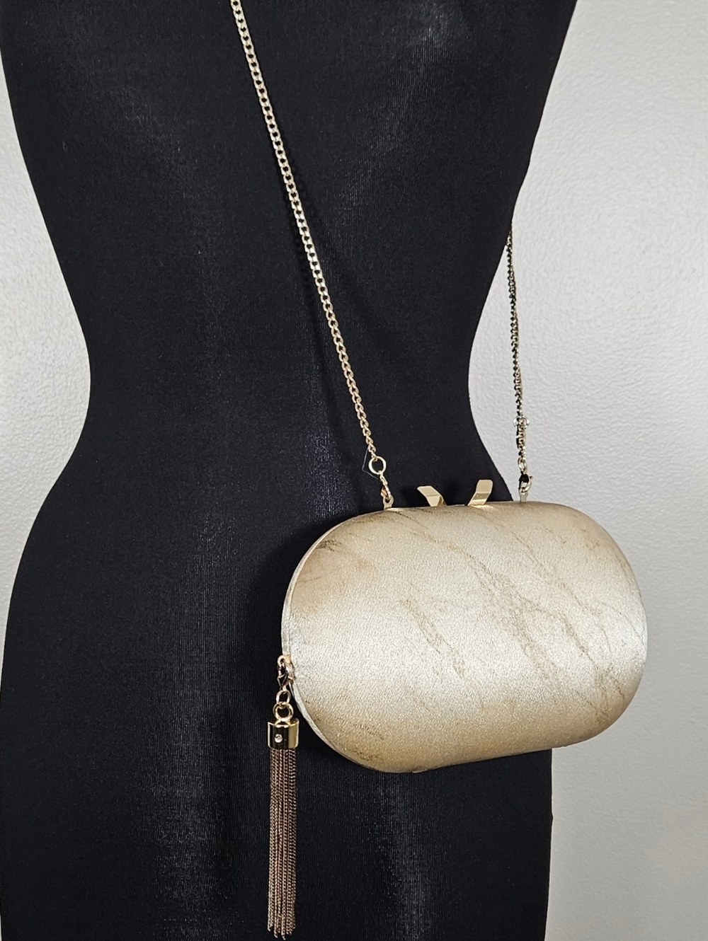 Olga Berg Signature Gold Fabric Hard Shell Evening Bag Clutch Chain Strap